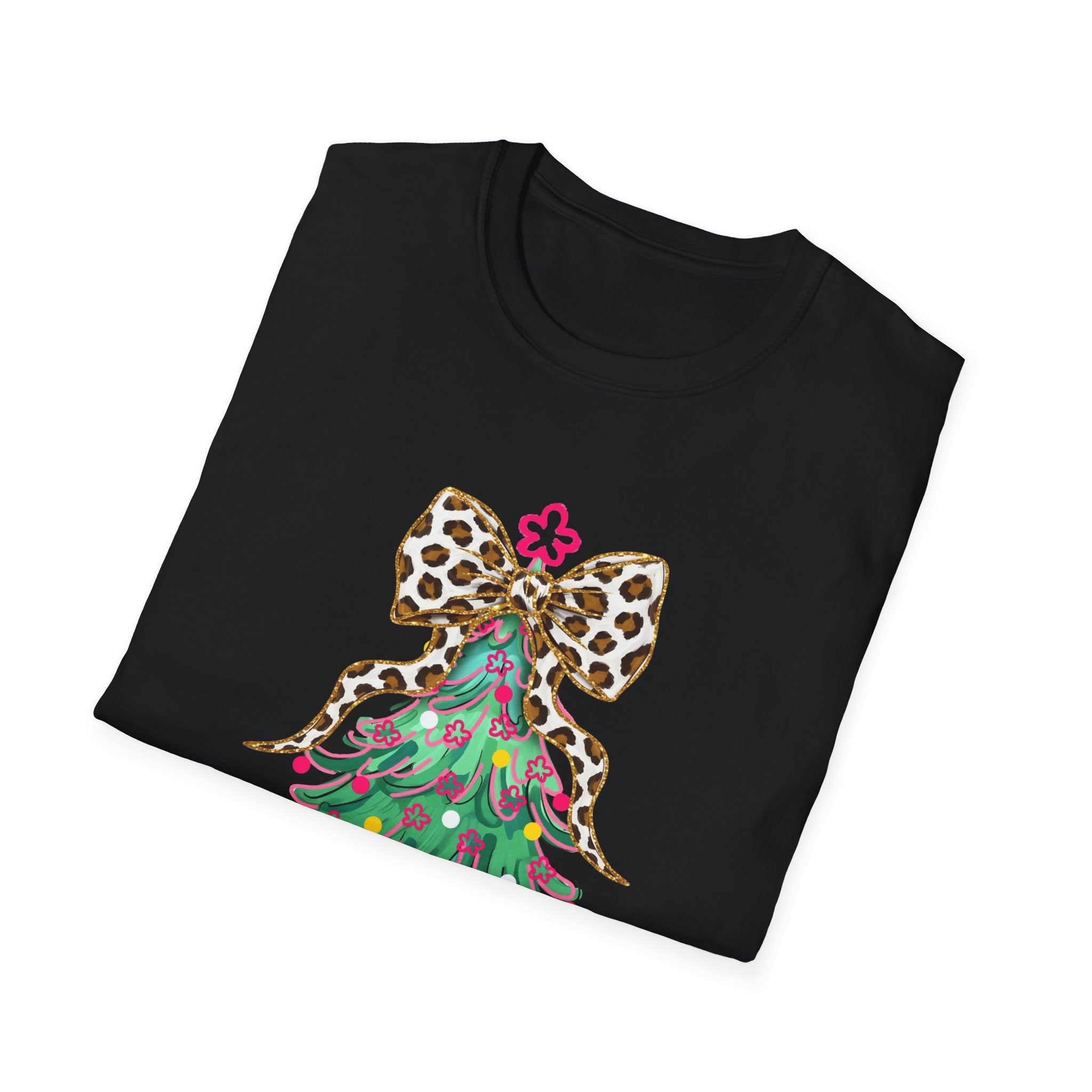 Adult Leopard Bow Christmas Tree T-Shirt, Unisex Holiday Tee, Cute Christmas Gift, Festive Apparel, Winter Style, Fun Holiday Wear