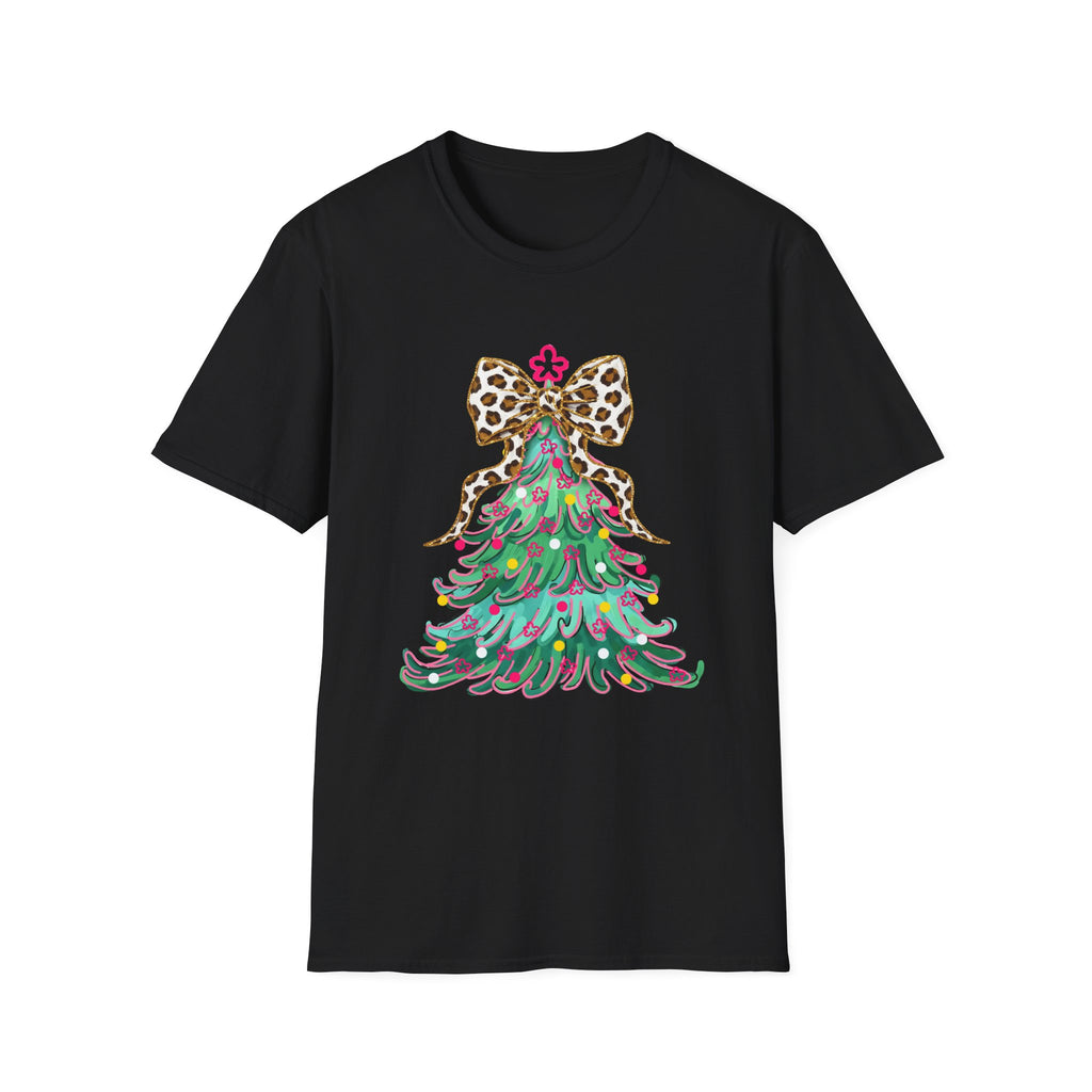 Adult Leopard Bow Christmas Tree T-Shirt, Unisex Holiday Tee, Cute Christmas Gift, Festive Apparel, Winter Style, Fun Holiday Wear