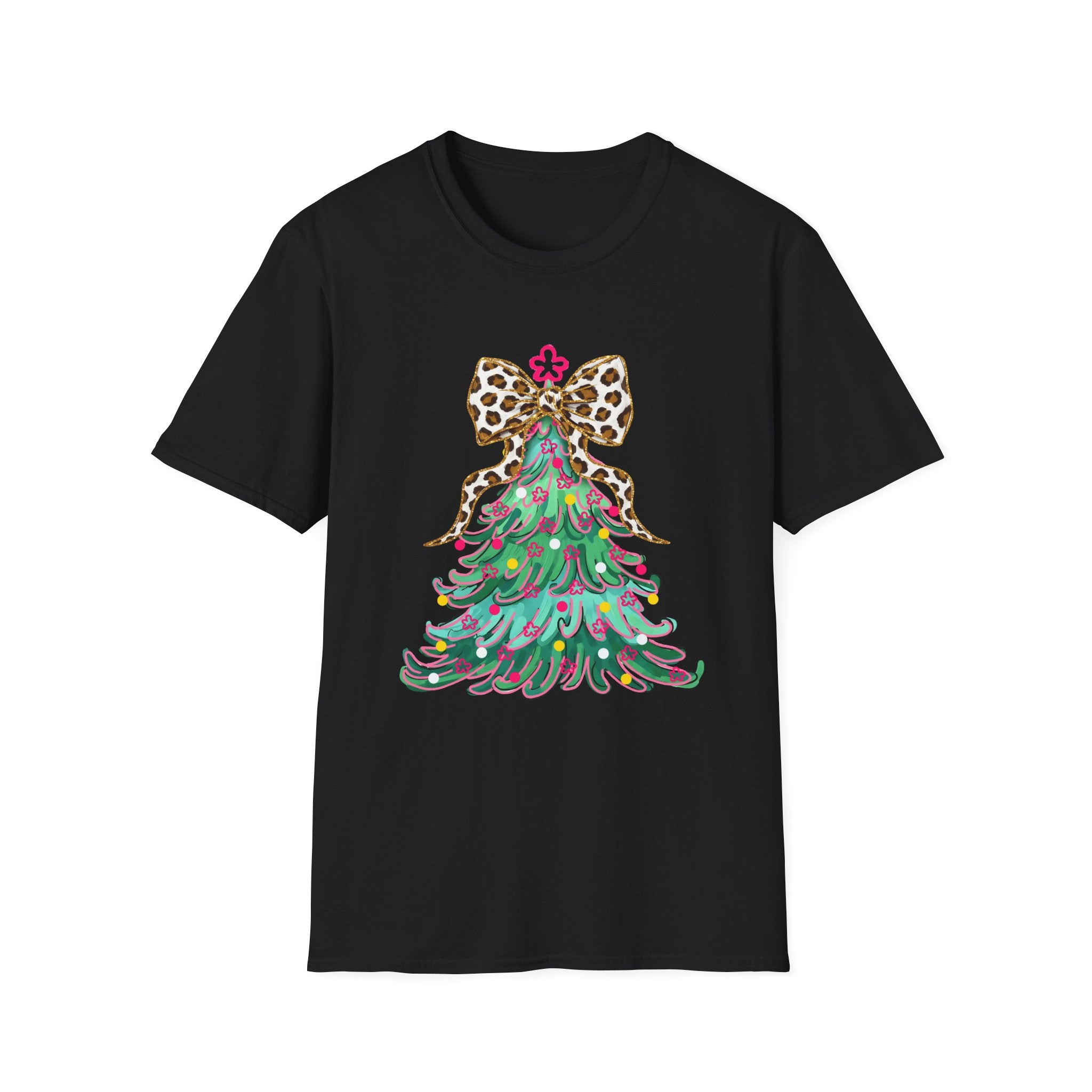 Adult Leopard Bow Christmas Tree T-Shirt, Unisex Holiday Tee, Cute Christmas Gift, Festive Apparel, Winter Style, Fun Holiday Wear