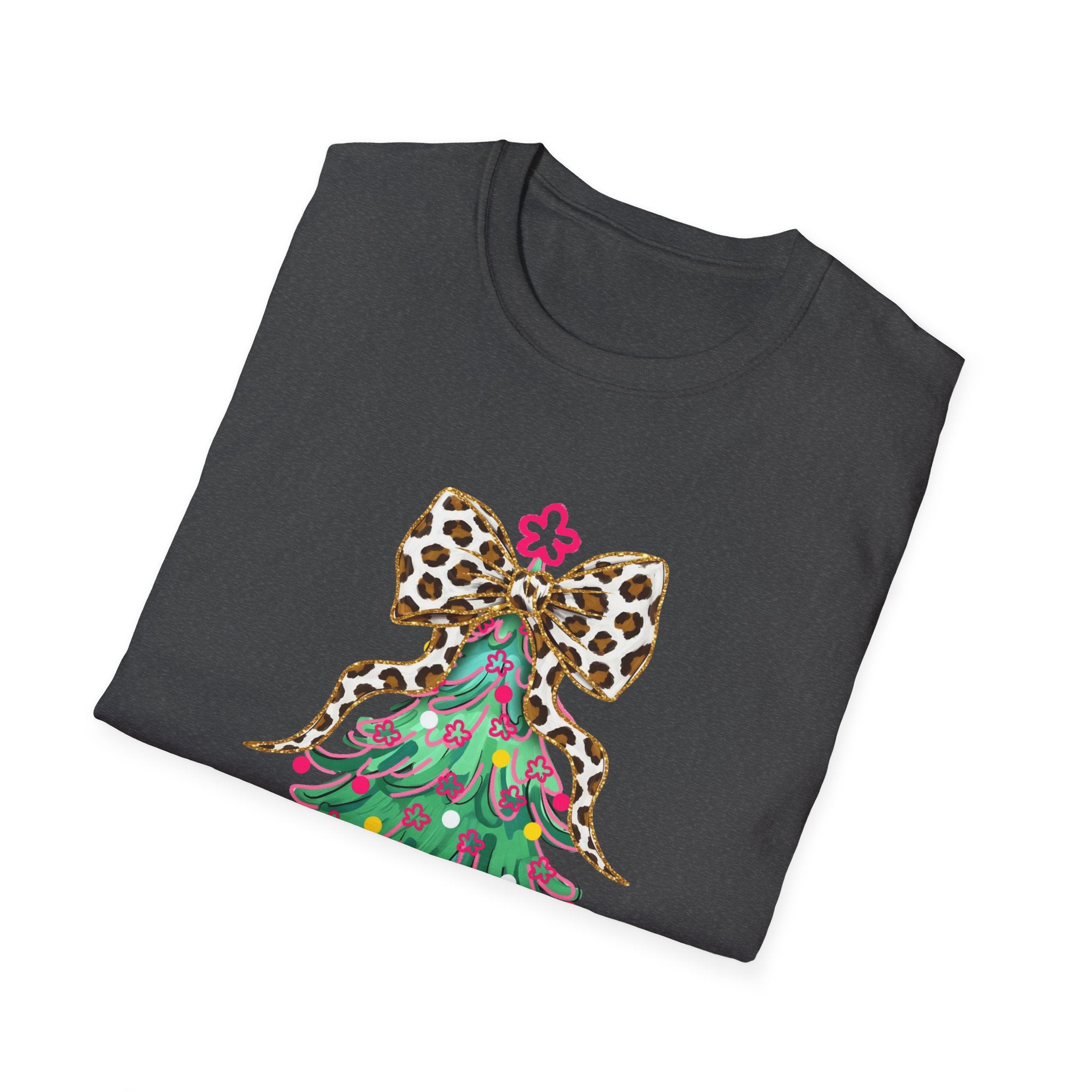 Adult Leopard Bow Christmas Tree T-Shirt, Unisex Holiday Tee, Cute Christmas Gift, Festive Apparel, Winter Style, Fun Holiday Wear