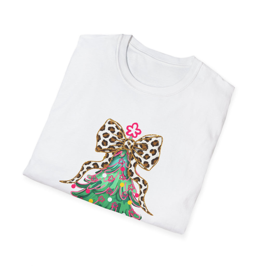 Adult Leopard Bow Christmas Tree T-Shirt, Unisex Holiday Tee, Cute Christmas Gift, Festive Apparel, Winter Style, Fun Holiday Wear
