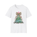 Adult Leopard Bow Christmas Tree T-Shirt, Unisex Holiday Tee, Cute Christmas Gift, Festive Apparel, Winter Style, Fun Holiday Wear