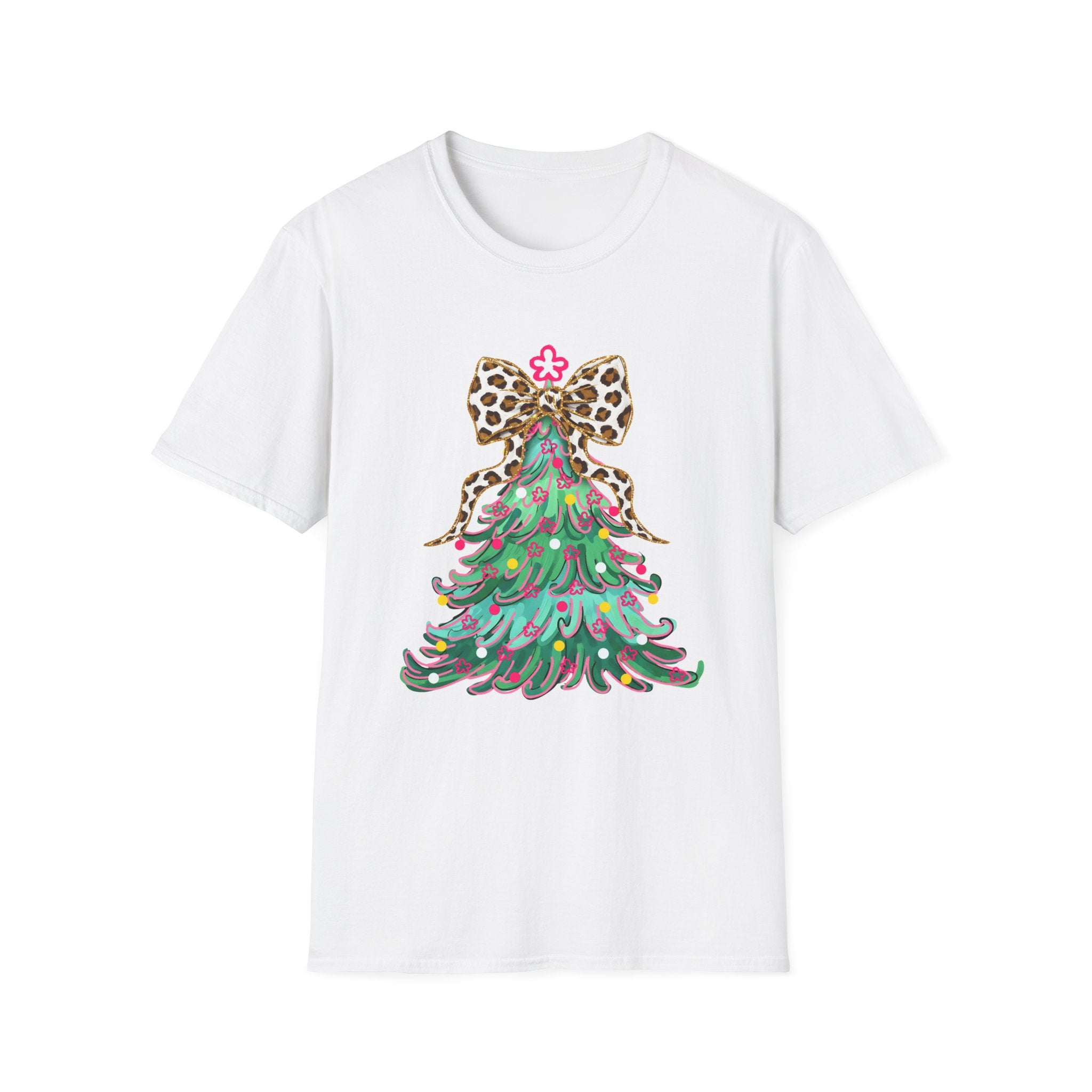 Adult Leopard Bow Christmas Tree T-Shirt, Unisex Holiday Tee, Cute Christmas Gift, Festive Apparel, Winter Style, Fun Holiday Wear