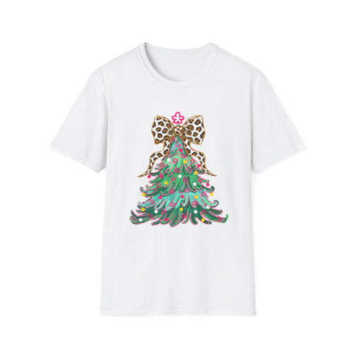 Adult Leopard Bow Christmas Tree T-Shirt, Unisex Holiday Tee, Cute Christmas Gift, Festive Apparel, Winter Style, Fun Holiday Wear