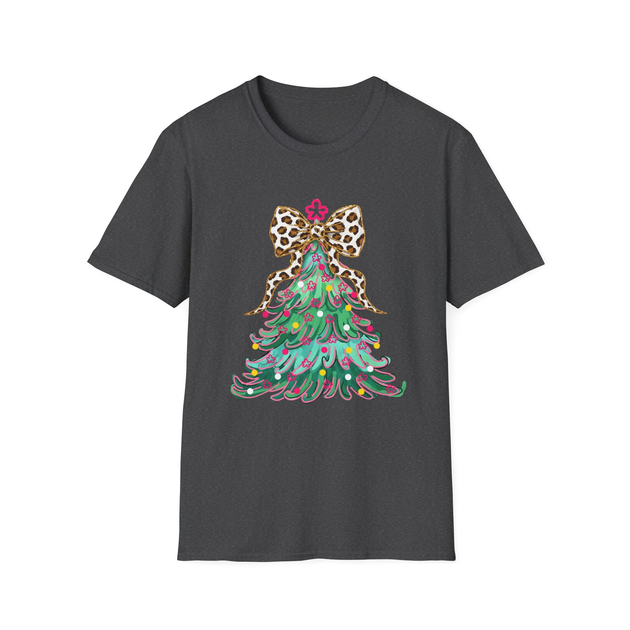 Adult Leopard Bow Christmas Tree T-Shirt, Unisex Holiday Tee, Cute Christmas Gift, Festive Apparel, Winter Style, Fun Holiday Wear